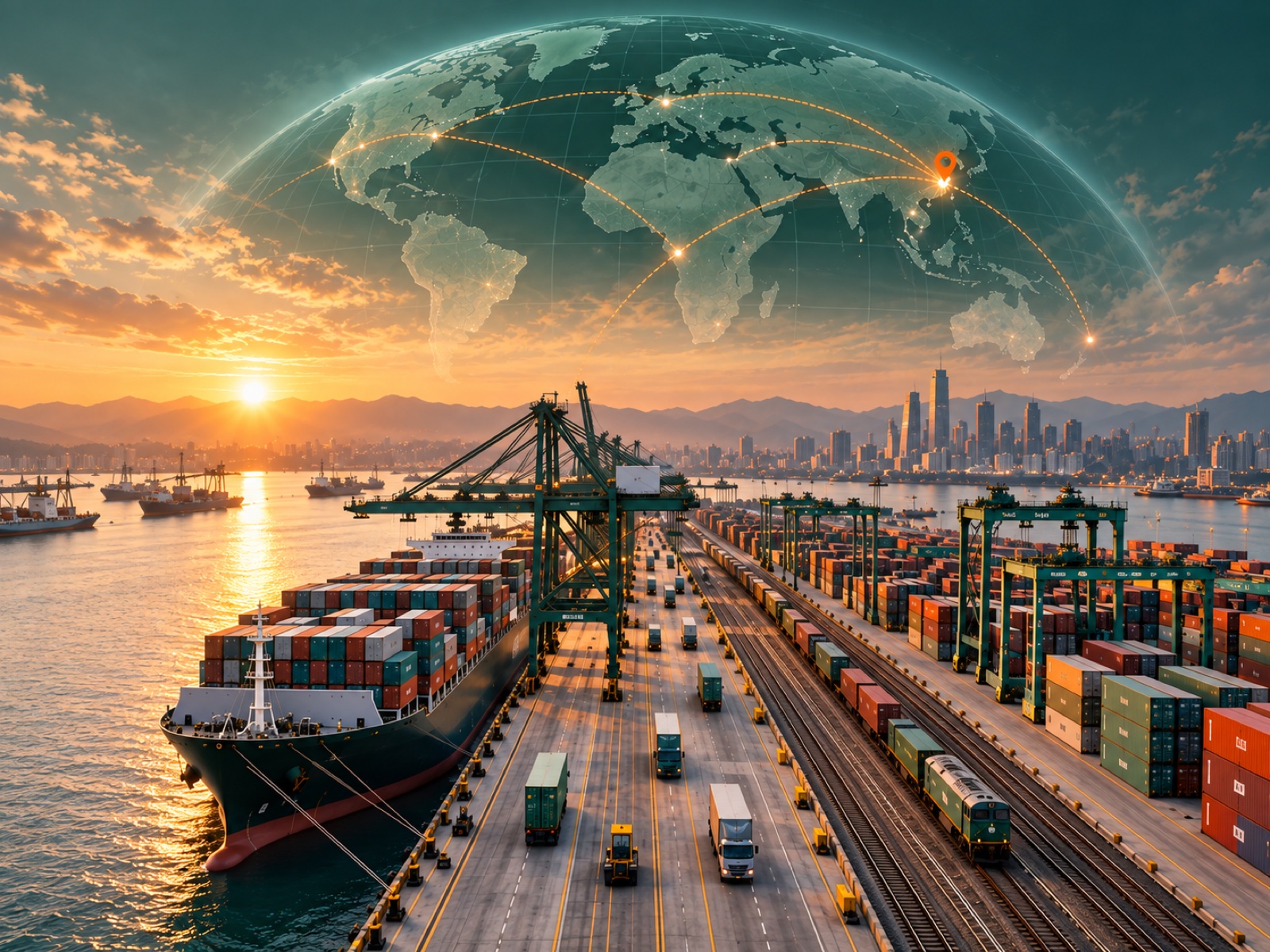 Global trade routes connecting an intermodal port with international markets.