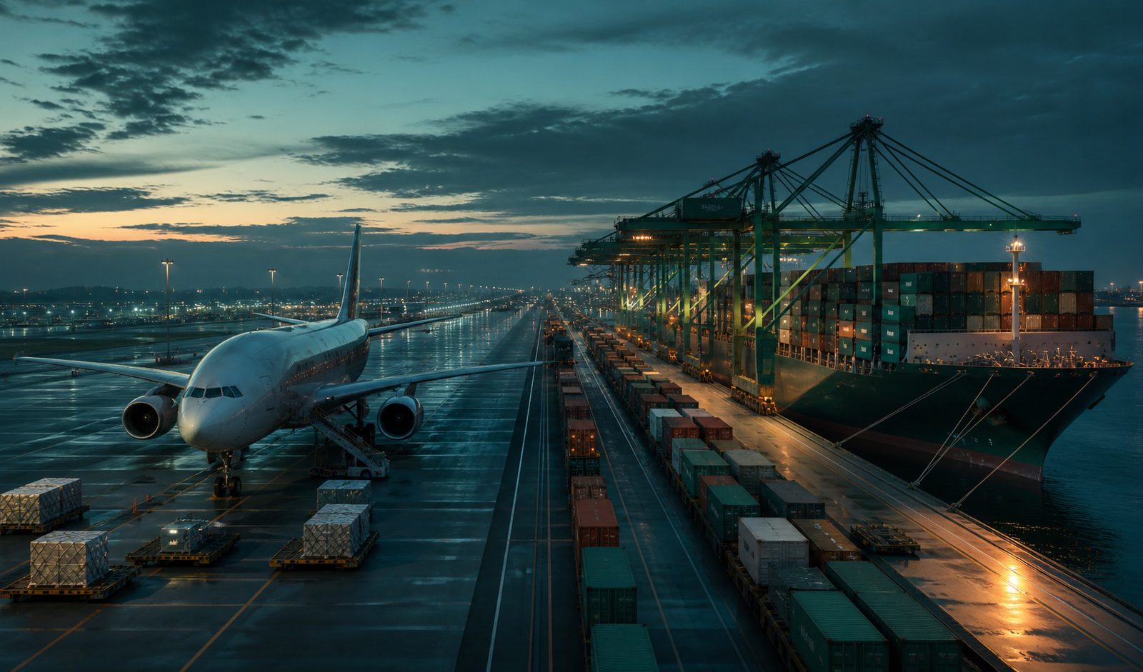 Cargo aircraft and container ship at an international freight terminal at dawn