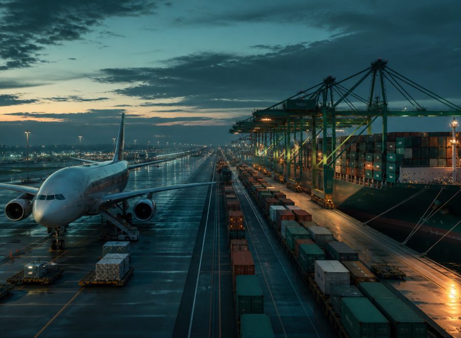Cargo aircraft and container ship at an international freight terminal at dawn