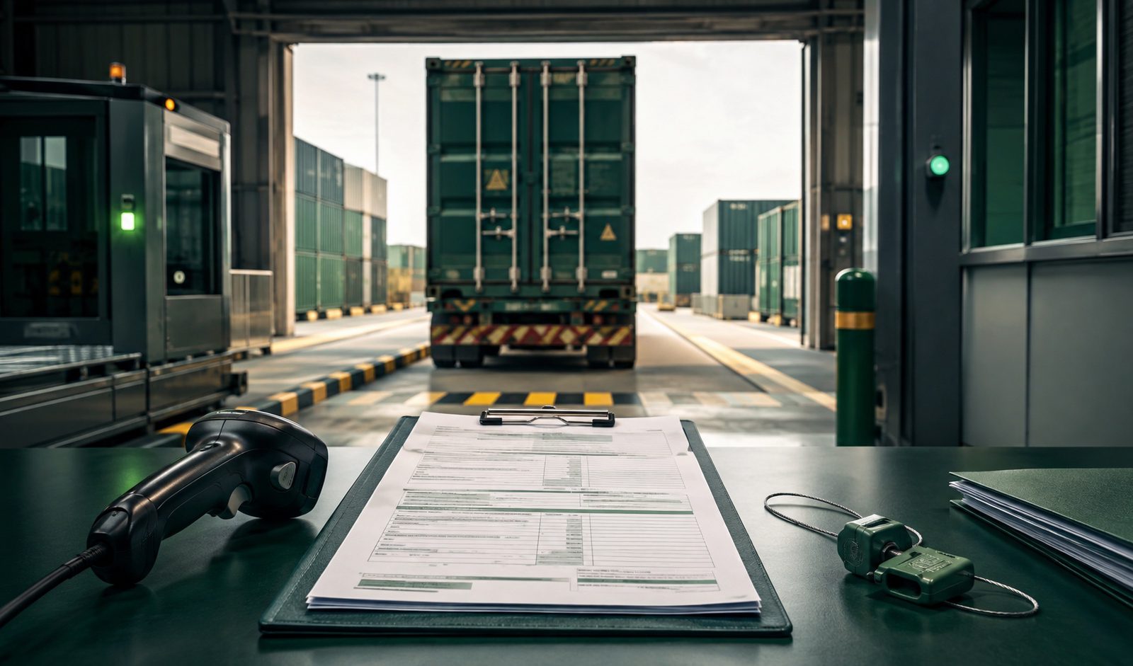 Customs inspection lane with shipping documents, barcode scanner and sealed cargo