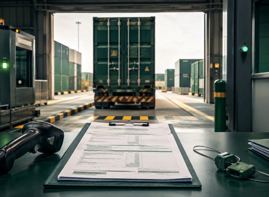 Customs inspection lane with shipping documents, barcode scanner and sealed cargo