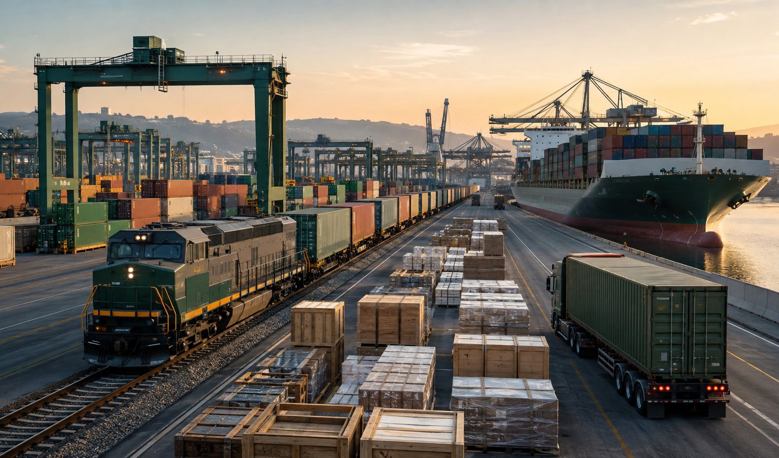 Coordinated train, ship and truck operations at a modern intermodal freight hub