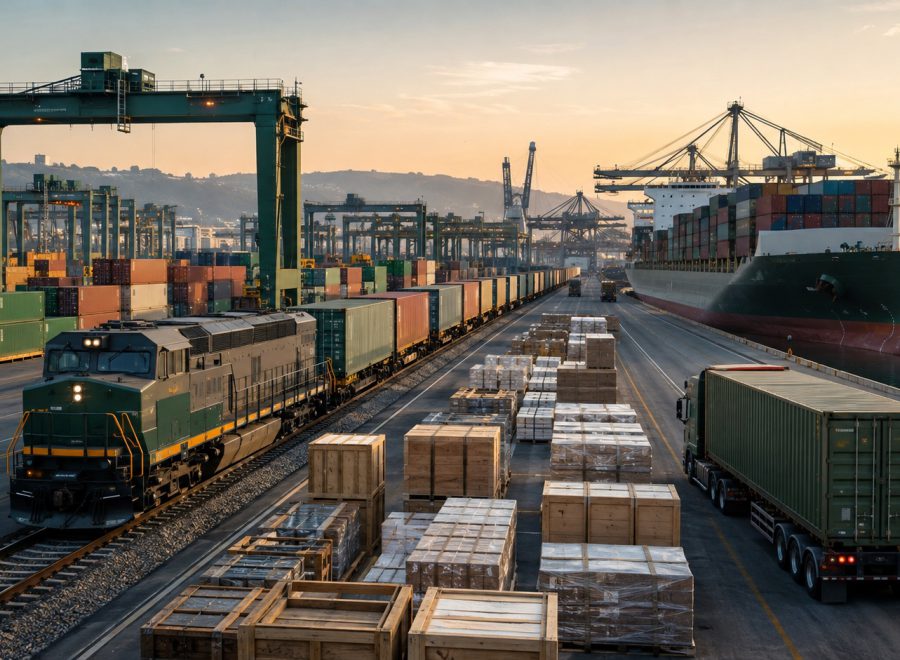 Coordinated train, ship and truck operations at a modern intermodal freight hub