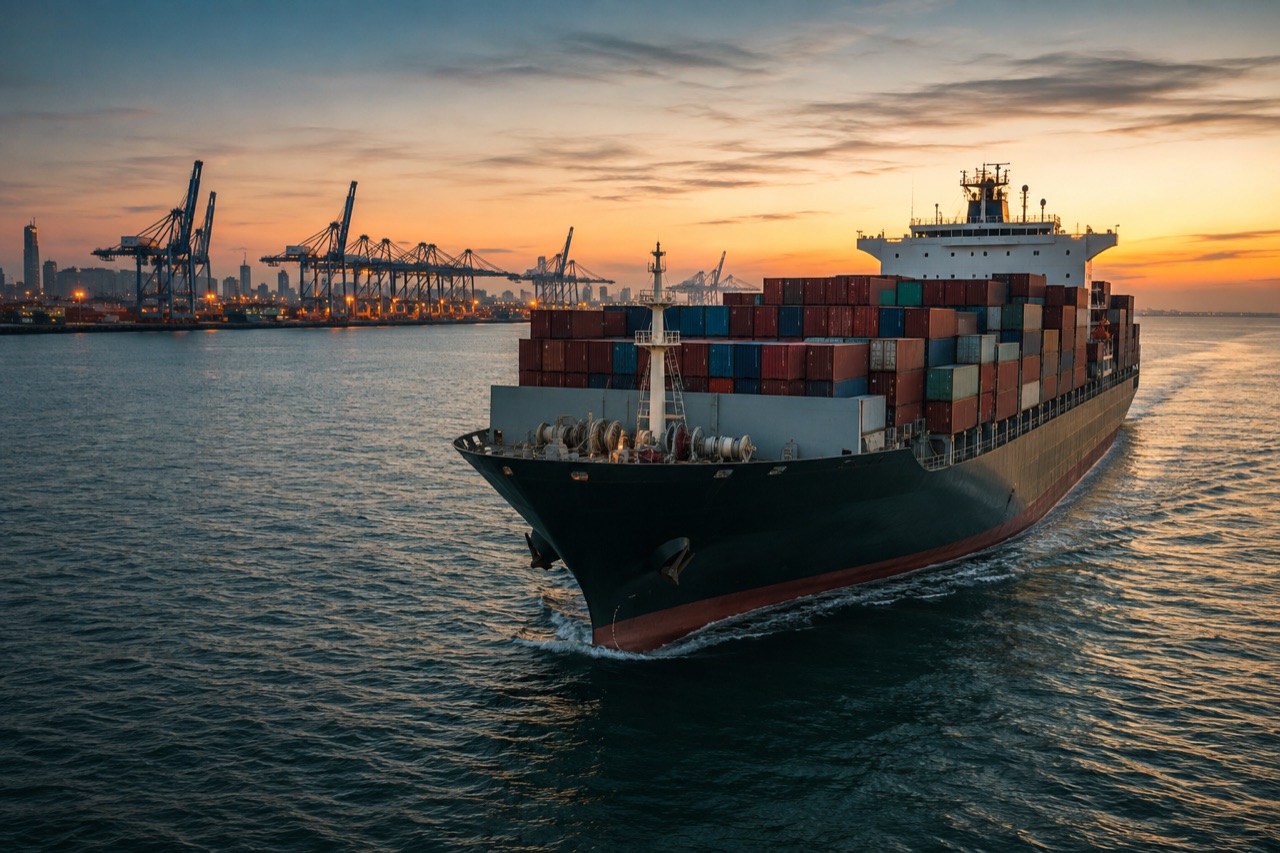 Cargo ship carrying containers across an ocean trade route